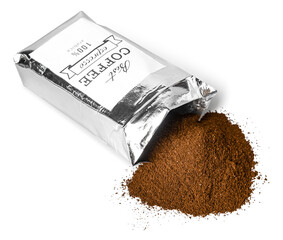 Coffee bag and powder on white background