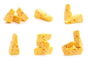 Pieces of tasty cheese on white background
