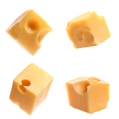 Pieces of tasty cheese on white background