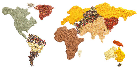 World map made of spices on white background