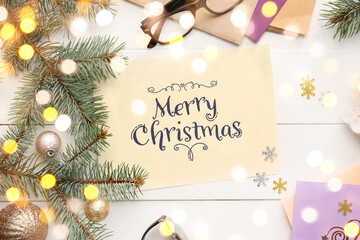 Fototapeta na wymiar Composition with beautiful Christmas greeting card on table