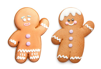 Tasty gingerbread cookies on white background
