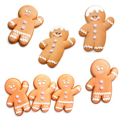 Tasty gingerbread cookies on white background