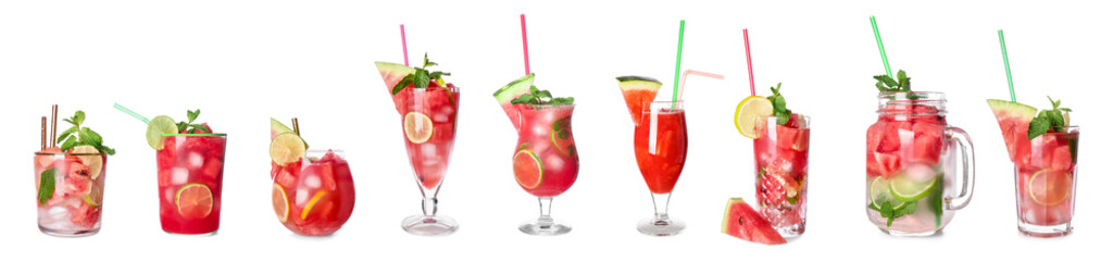 Glassware of fresh watermelon cocktail on white background