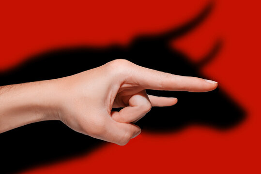 Male hand shows the gesture of a goat in profile. Shadow in the form of a Bull, on a red background. Traditional Holiday Concept, Happy New Year 2021, Astrological Year of the Ox.