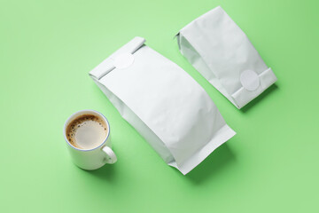 Composition with aromatic coffee on color background