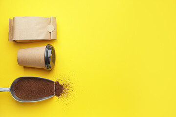 Composition with aromatic coffee on color background