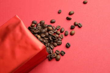 Blank coffee bag on color background