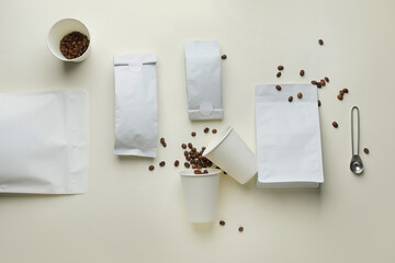 Composition with aromatic coffee on white background