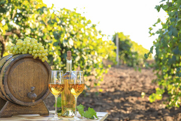 Barrel, bottle and glasses of wine on table in vineyard
