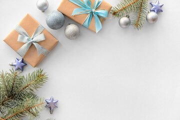 Beautiful Christmas decor with gift boxes on white background