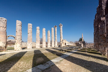 View of the Temple of Zeus in Uzuncaburc, Silifke, Mersin, Turkey. It is situated next to ruins of...