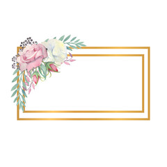 White and pink roses flowers, green leaves, berries in a gold rectangular frame. Watercolor illustration