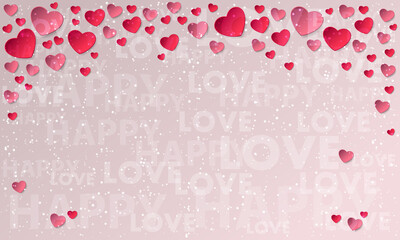 Sticker from pink paper hearts and confetti, sparkles, dust with lettering love and happy on pink background. Vector illustration for Happy Valentines Day. Holiday design.