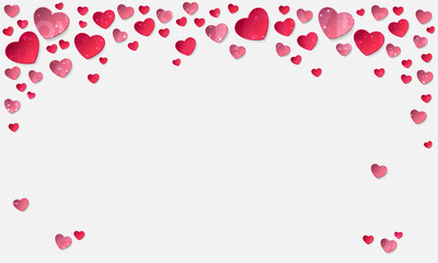 Sticker from pink paper hearts and confetti, sparkles, dust with lettering love and happy on white background. Vector illustration for Happy Valentines Day. Holiday design.