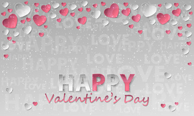 Sticker from pink and silver paper hearts and confetti, sparkles, dust with lettering love and happy on pink background. Vector illustration for Happy Valentines Day. Holiday design.