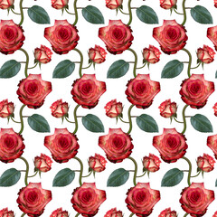 Seamless pattern with pink rose flowers and green leaves on white background. Endless colorful floral texture. Raster illustration.