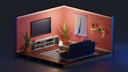 Interior of the living room. 3D illustration. Living room with smart television(TV, LED, LCD, HD, Full HD, UHD, display), red wall, wood table, green plant pot, sofa