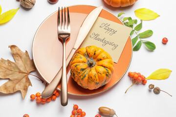 Beautiful table setting for Thanksgiving Day celebration on white background