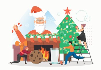 Santa Claus with candy cane, people decorating Christmas tree, fireplace with Christmas socks, flat vector illustration.