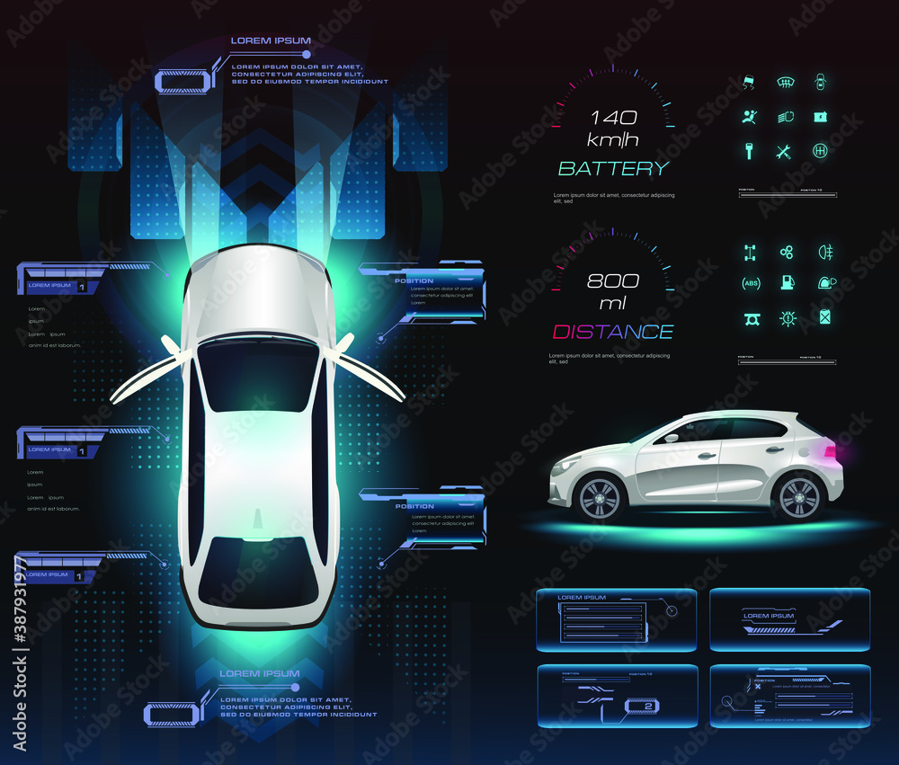 Poster smart car. futuristic user interface. application with settings, parameters, vehicle characteristics