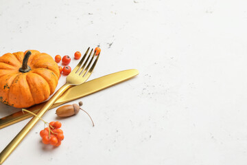 Beautiful table setting with autumn decor on white background