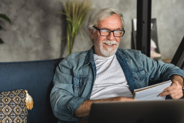 Senior man speak talk on video call while sitting on sofa, elderly professor conduct online lesson...