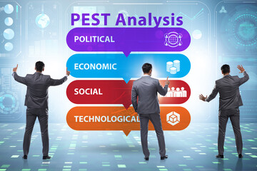 Business people in PEST analysis business concept