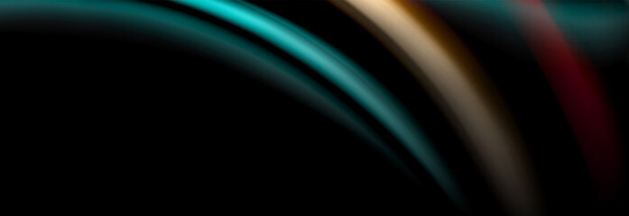 Dynamic motion abstract background. Color blurred stripes on black. Wave liquid lines poster. Vector illustration