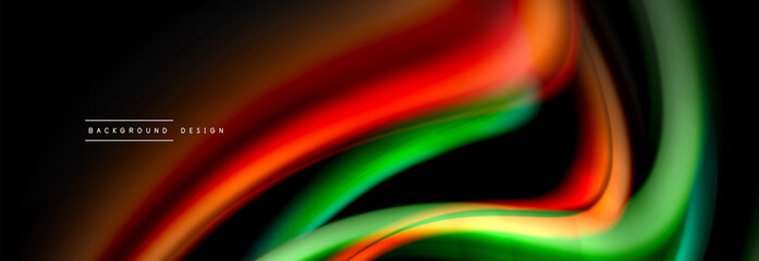 Dynamic motion abstract background. Color blurred stripes on black. Wave liquid lines poster. Vector illustration