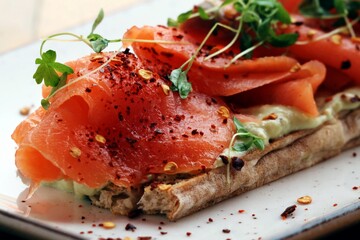 Pink salmon on pita bread with herbs