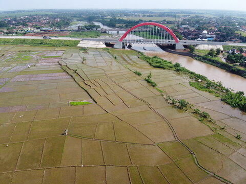 Aerial view of the splendor of Kali Kutho Bridge, Kali Kuto, Trans Java Highway, Indonesia