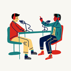 Obraz premium People listening and recording audio podcast or online show vector flat illustration. Joyful person radio host interviewing guest, mass media broadcasting isolated on white