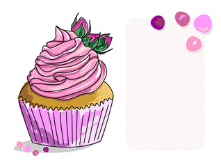 Vector image of a cupcake with butter cream and flower buds on top. A sketch of a cake painted as if with markers or watercolors. A place for lettering or congratulations. Hand-drawn illustration.