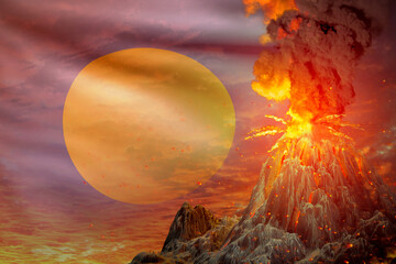 stratovolcano eruption at night with explosion on Palau flag background, problems of natural disaster and volcanic earthquake conceptual 3D illustration of nature