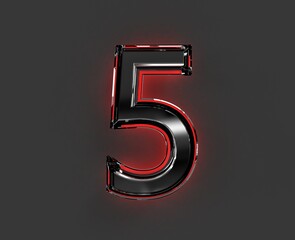 Grey metalline font with red glossy reflective outline - number 5 isolated on grey background, 3D illustration of symbols