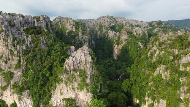 Aerial view of Limestone mountains in in Ban mung, Noen Maprang district, Phitsanulok, Thailand by drone