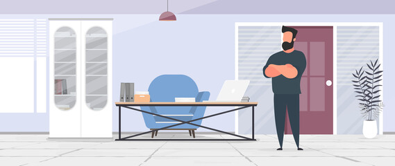 The director is in the office. Businessman in the office. Loft-style room. Bright room. Workplace. Table with laptop, books and documents. Flower in a pot, wooden cabinet. Vector.