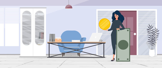 The girl is holding a dollar. Woman with a gold coin in her hands. The concept of earning and successful business. Vector.
