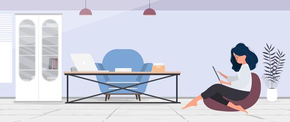Girl is sitting on a pouf. Woman is sitting on a large pouf. Concept of comfortable work in the office or at home. Vector.