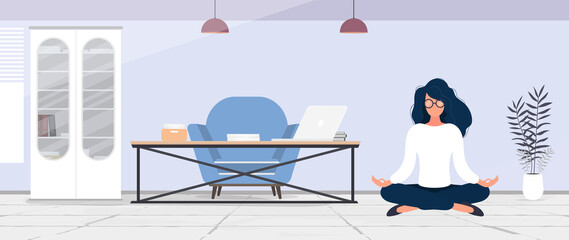 The girl is meditating in the room. Woman practices yoga in the office. Sport and healthy lifestyle concept. Vector.