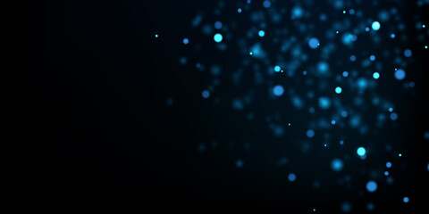 Vector abstract background with blue particles on black. Glowing magial lights, sparkling glittering effect.	