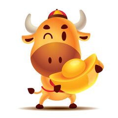 Fototapeta premium Happy Chinese New Year 2021. Cartoon cute Ox holding Chinese Gold Ingot. The year of Ox, Bull or Cow. - vector 