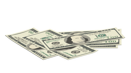 Scattered paper 100 us dollars banknotes isolated on white. Much money. A pile of money in a realistic style. Vector EPS10.