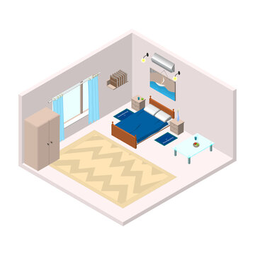 Isometric living room bedroom with furniture. Suitable for a hotel or residential building. Vector EPS10.