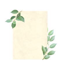 Retro card with blank paper sheet and green leaves