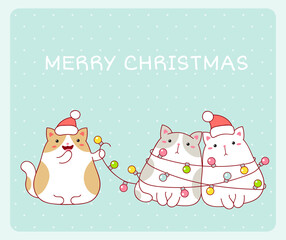 Merry Christmas card with three funny fat cats wrapped xmas garland
