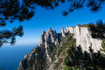 The top of AI Petri mountain, illuminated by the morning sun. Republic Of Crimea, Russia. Clear Sunny morning on September 11, 2020