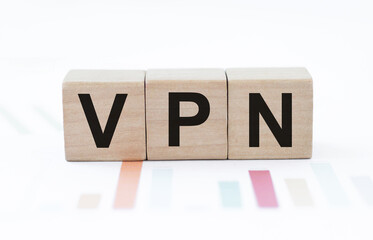 the word VPN Virtual Private Network on cubes on a light background. Technology and computers concept.