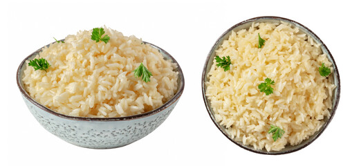 Rice set. Rice, cooked, in a bowl with fresh parsley leaves, isolated on a white background, top shot and an angle view